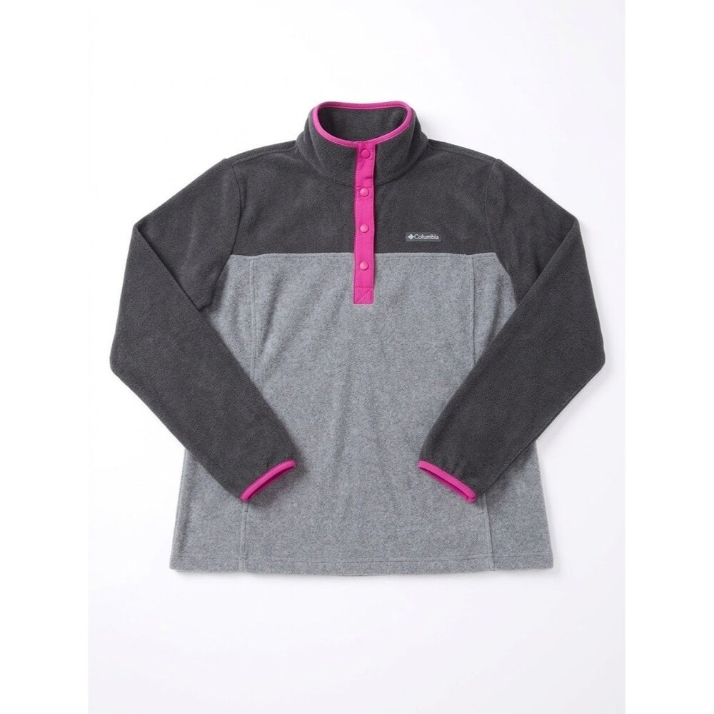 Columbia Womens Grey Pink Snap Neck Fleece Pullover Sweater Jacket Size PL Large